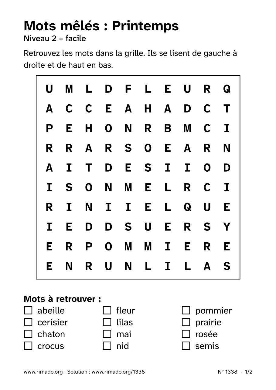 Aperçu de la feuille imprimée : Mots mêlés « Printemps », nº 1338