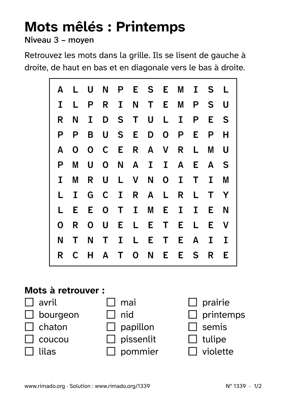 Aperçu de la feuille imprimée : Mots mêlés « Printemps », nº 1339
