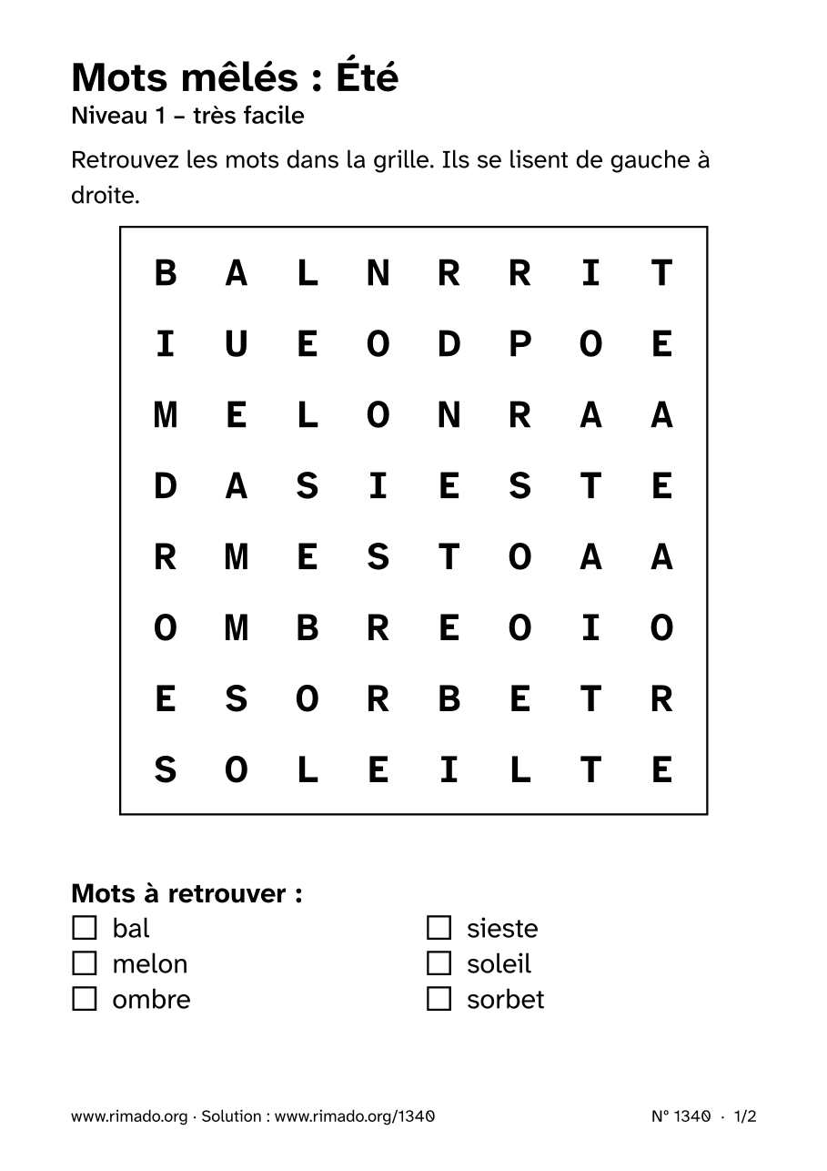 Aperçu de la feuille imprimée : Mots mêlés « Été », nº 1340
