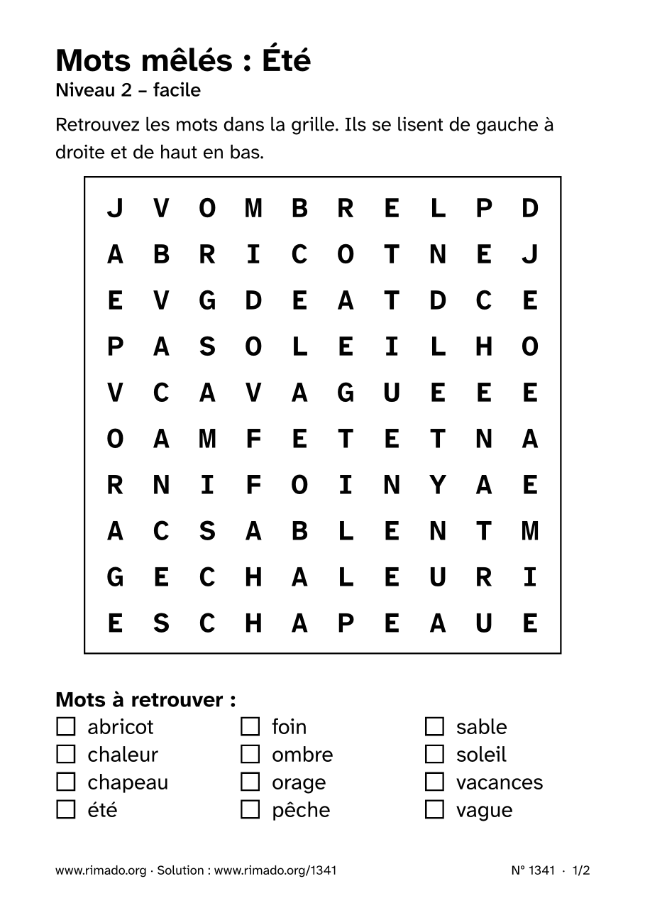 Aperçu de la feuille imprimée : Mots mêlés « Été », nº 1341