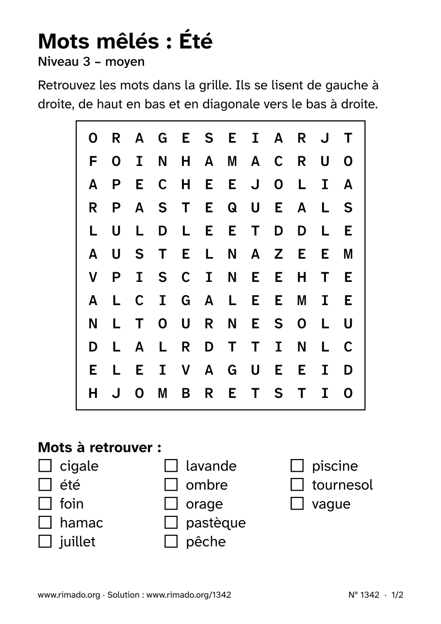 Aperçu de la feuille imprimée : Mots mêlés « Été », nº 1342