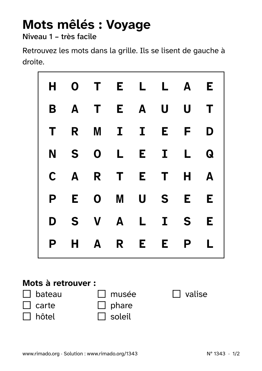 Aperçu de la feuille imprimée : Mots mêlés « Voyage », nº 1343