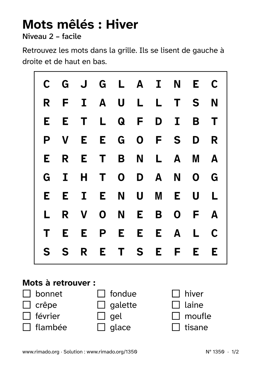 Aperçu de la feuille imprimée : Mots mêlés « Hiver », nº 1350
