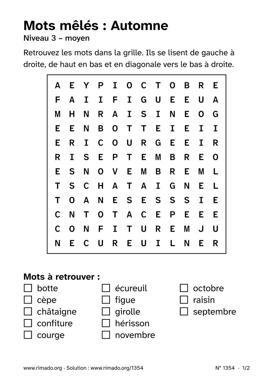 Aperçu de la feuille imprimée : Mots mêlés « Automne », nº 1354