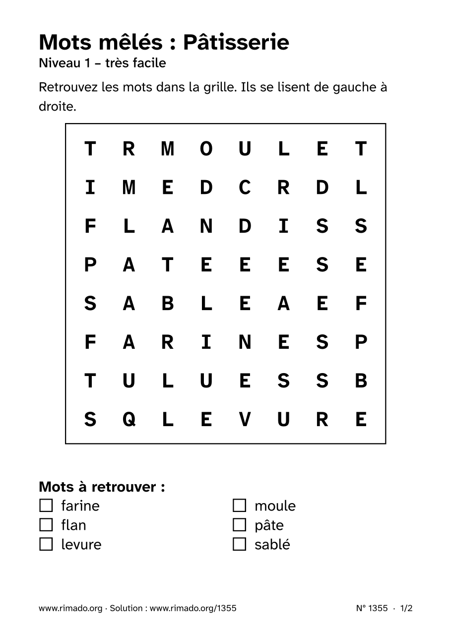 Aperçu de la feuille imprimée : Mots mêlés « Pâtisserie », nº 1355