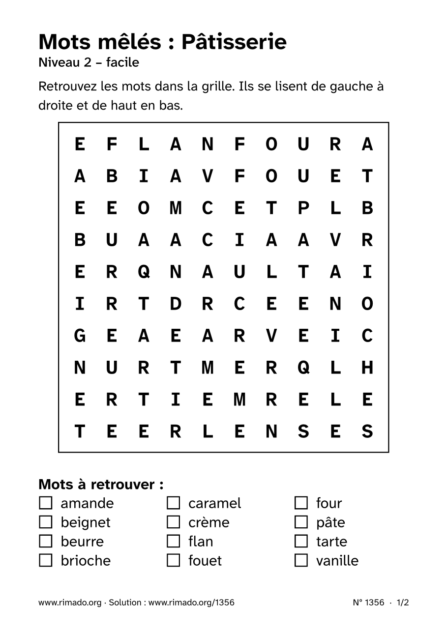 Aperçu de la feuille imprimée : Mots mêlés « Pâtisserie », nº 1356