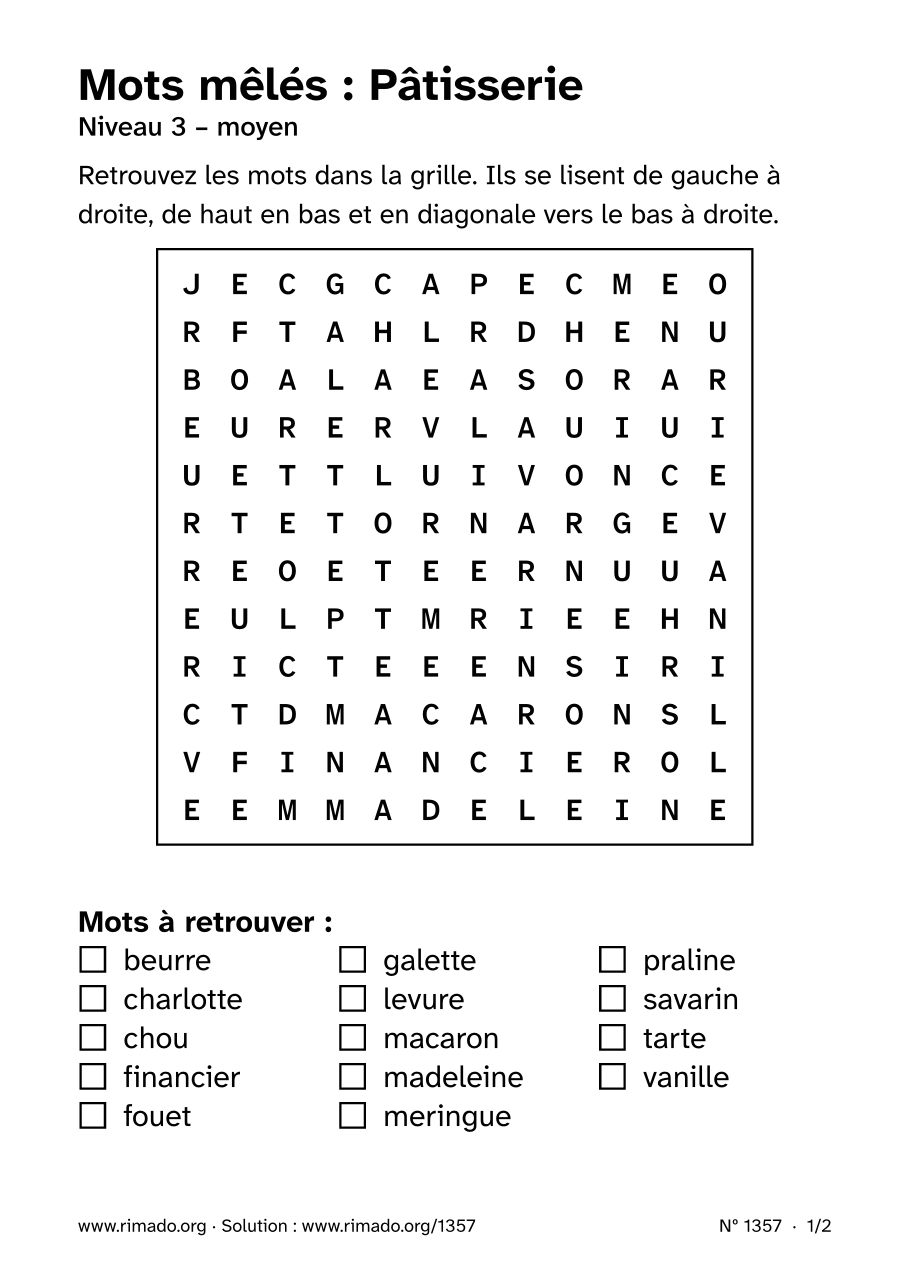 Aperçu de la feuille imprimée : Mots mêlés « Pâtisserie », nº 1357