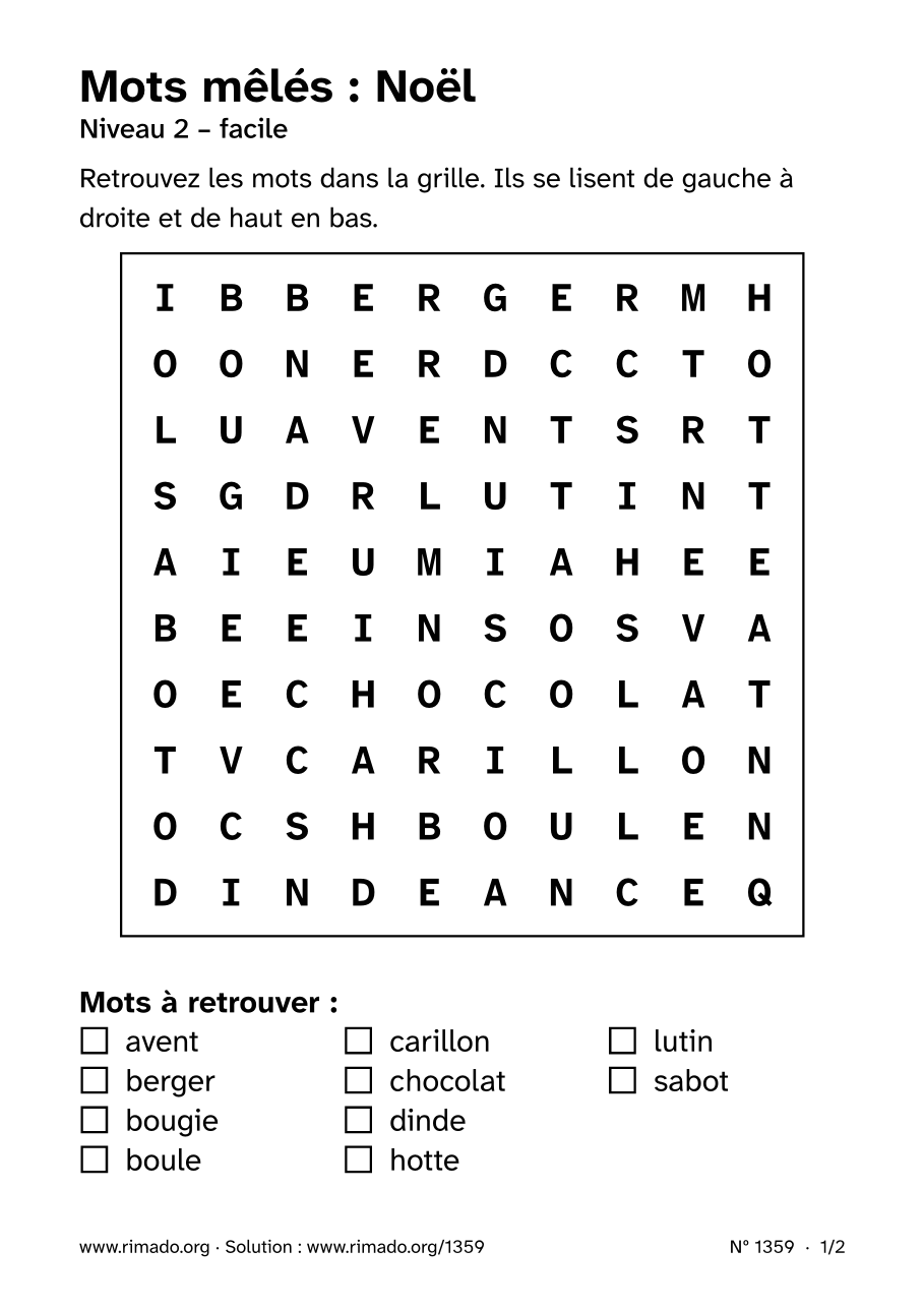 Aperçu de la feuille imprimée : Mots mêlés « Noël », nº 1359