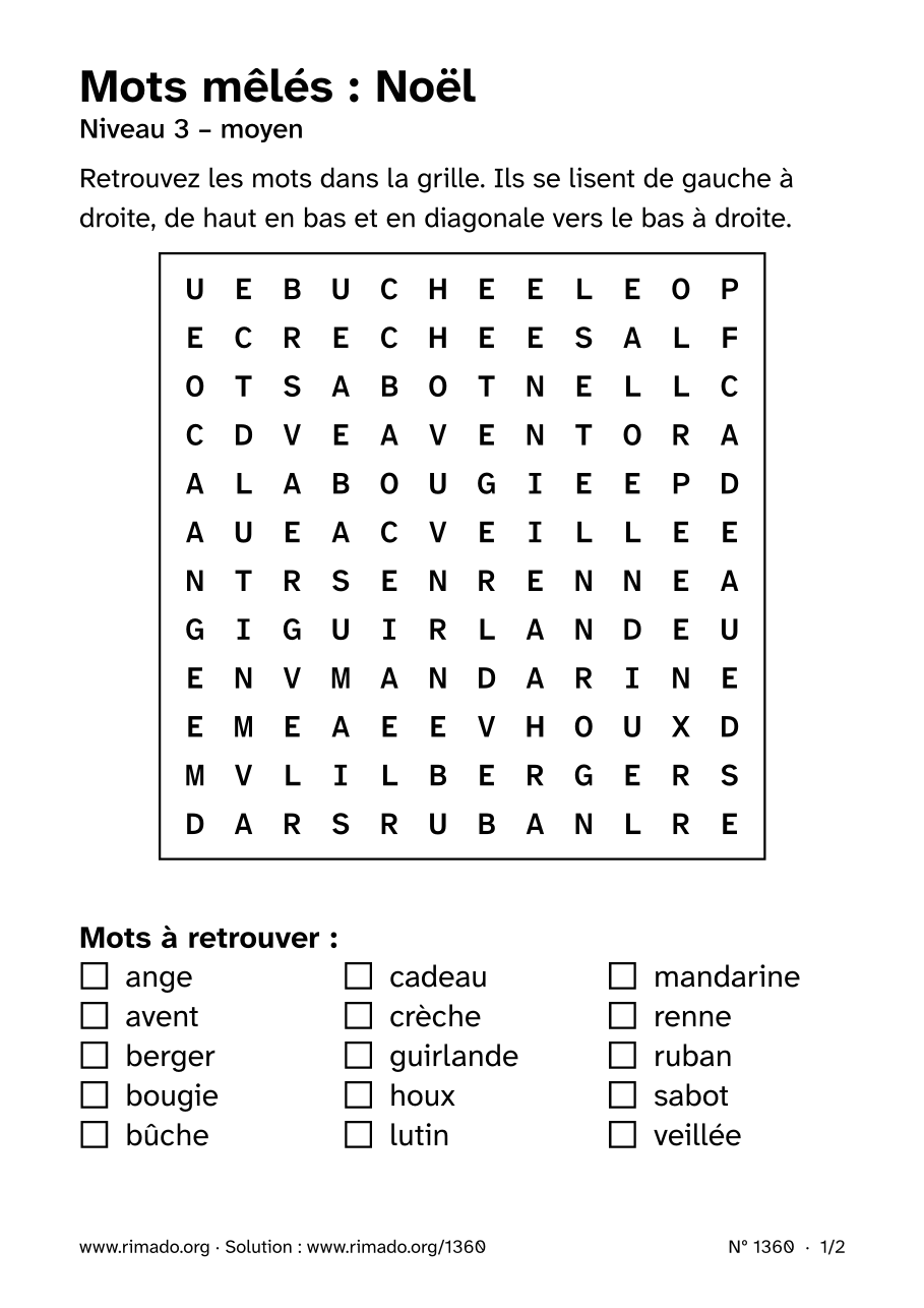 Aperçu de la feuille imprimée : Mots mêlés « Noël », nº 1360