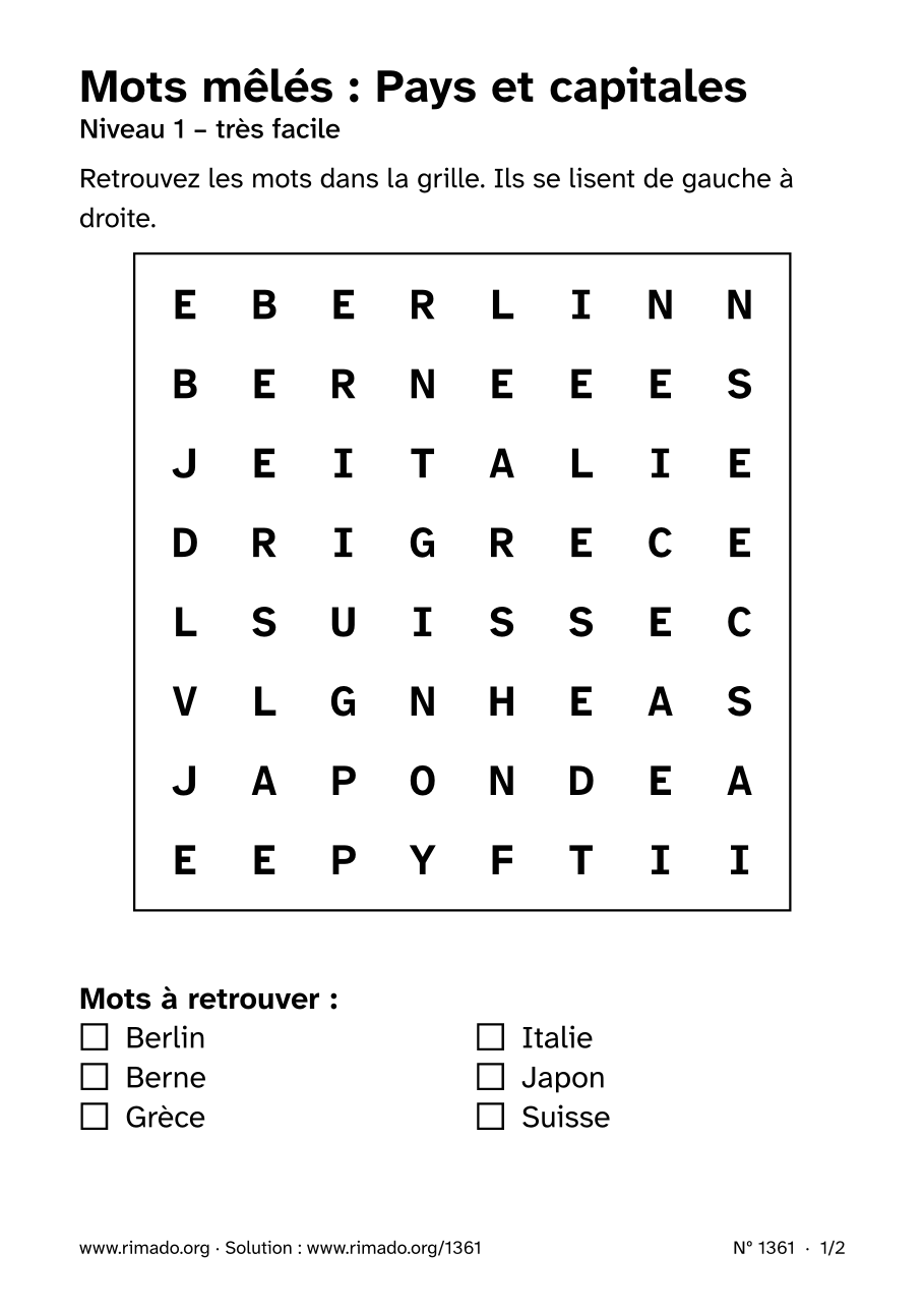 Aperçu de la feuille imprimée : Mots mêlés « Pays et capitales », nº 1361