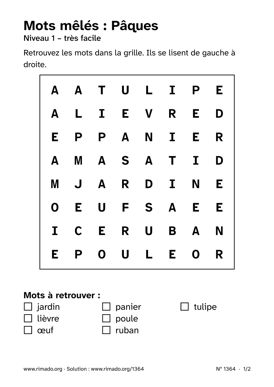 Aperçu de la feuille imprimée : Mots mêlés « Pâques », nº 1364