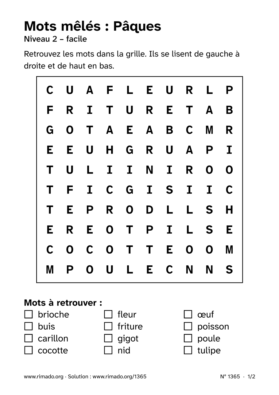 Aperçu de la feuille imprimée : Mots mêlés « Pâques », nº 1365