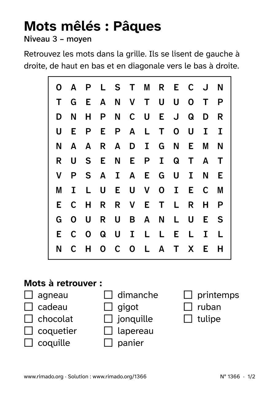 Aperçu de la feuille imprimée : Mots mêlés « Pâques », nº 1366