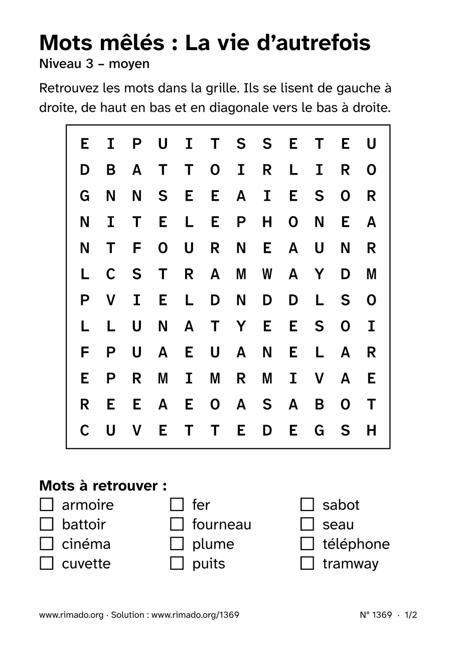Aperçu de la feuille imprimée : Mots mêlés « La vie d’autrefois », nº 1369