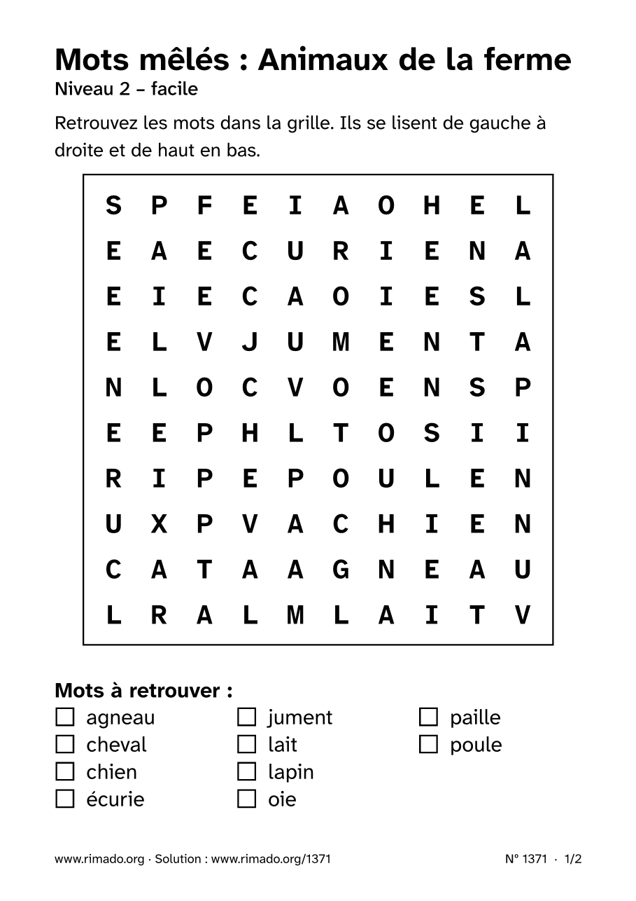 Aperçu de la feuille imprimée : Mots mêlés « Animaux de la ferme », nº 1371