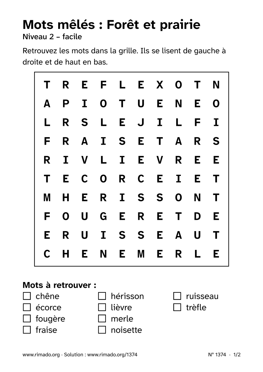 Aperçu de la feuille imprimée : Mots mêlés « Forêt et prairie », nº 1374