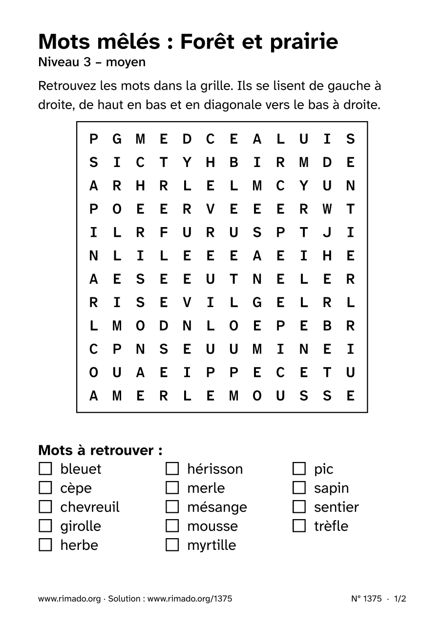 Aperçu de la feuille imprimée : Mots mêlés « Forêt et prairie », nº 1375