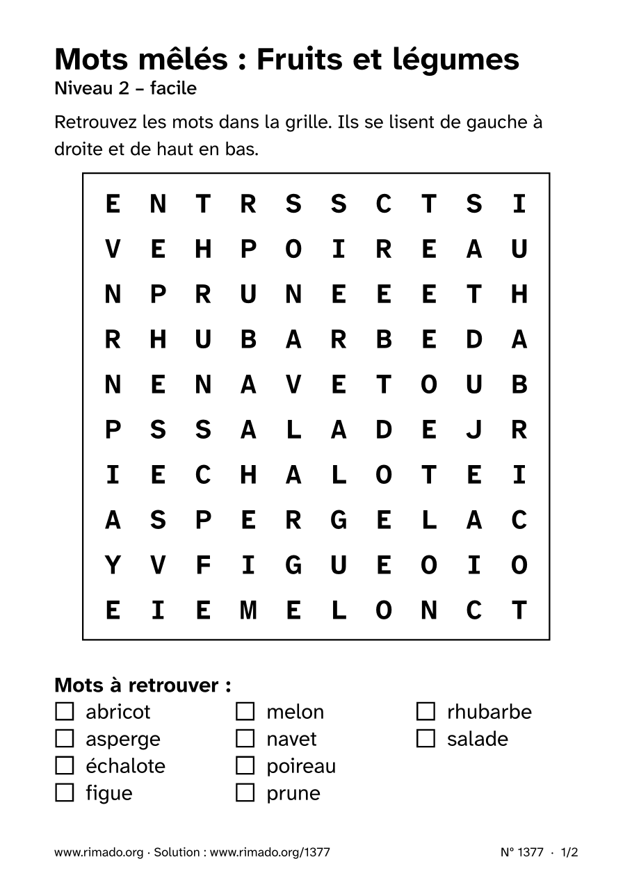 Aperçu de la feuille imprimée : Mots mêlés « Fruits et légumes », nº 1377