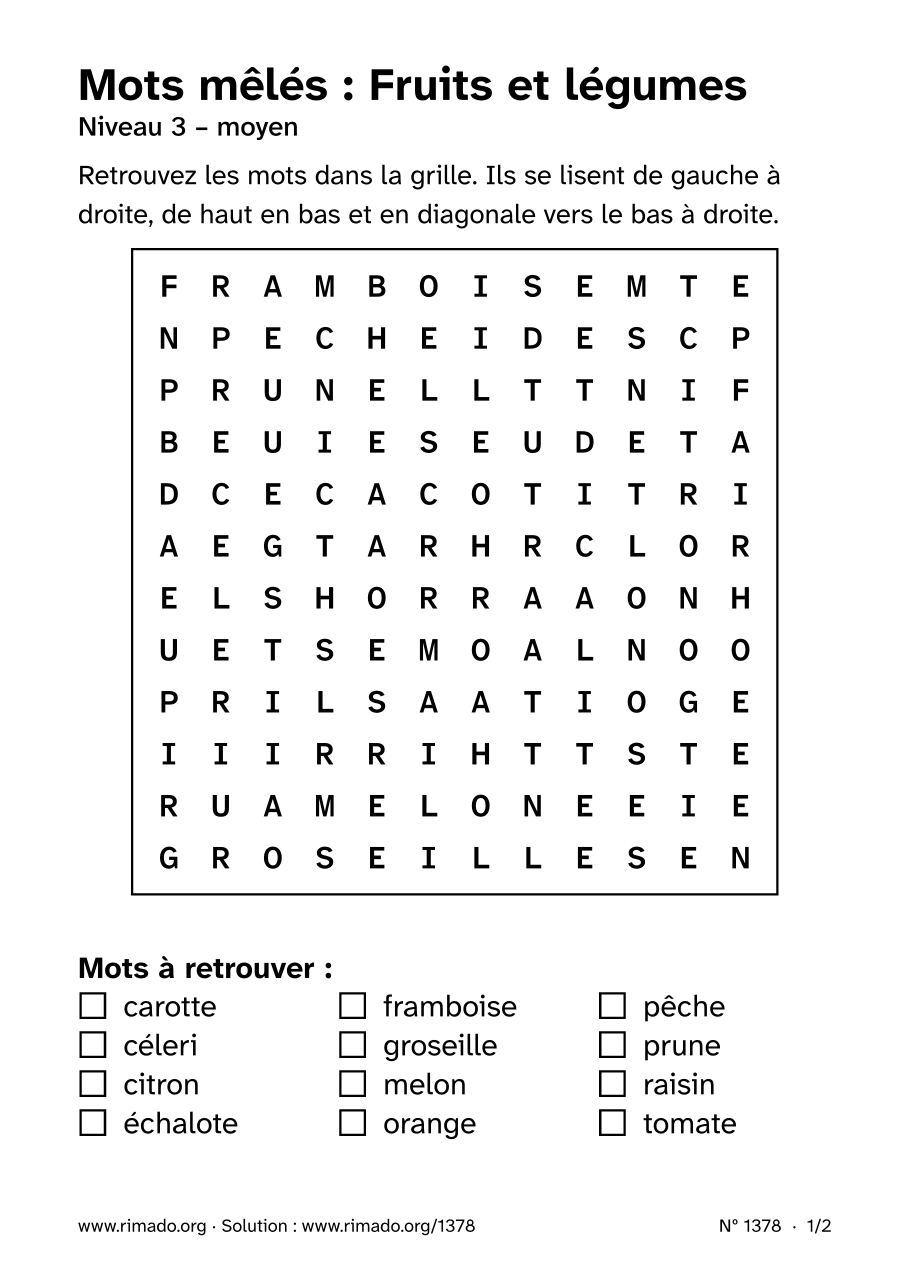 Aperçu de la feuille imprimée : Mots mêlés « Fruits et légumes », nº 1378