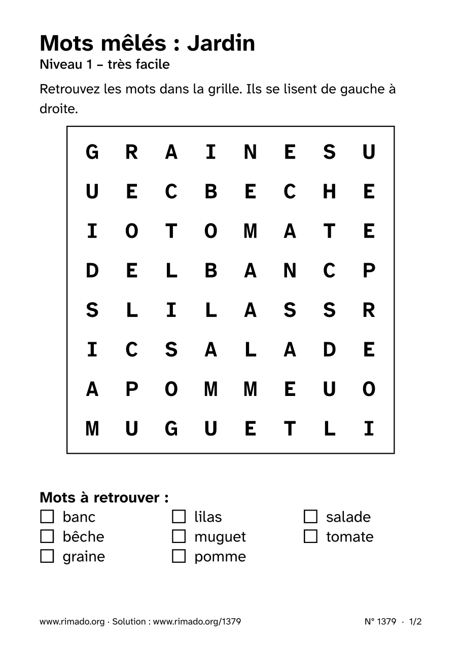 Aperçu de la feuille imprimée : Mots mêlés « Jardin », nº 1379