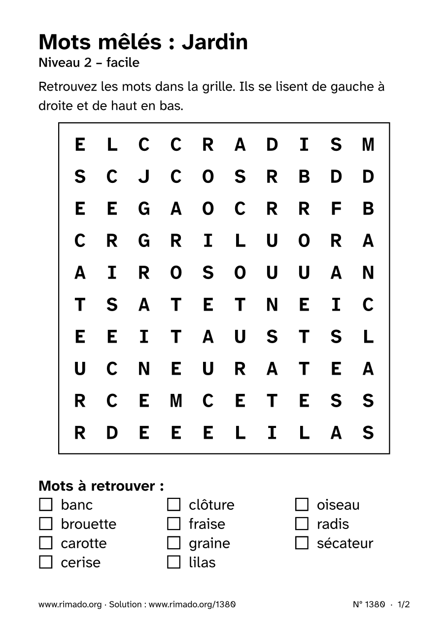 Aperçu de la feuille imprimée : Mots mêlés « Jardin », nº 1380