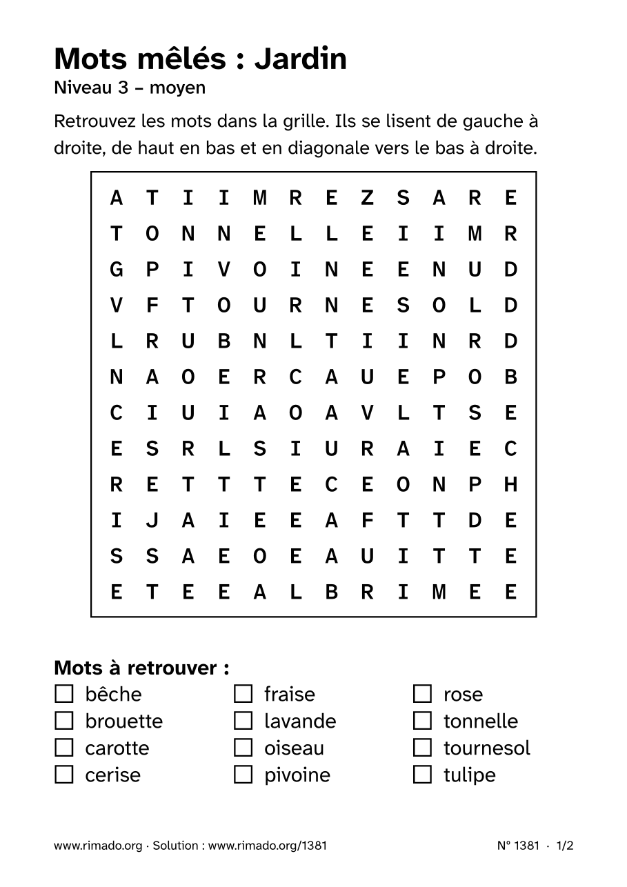 Aperçu de la feuille imprimée : Mots mêlés « Jardin », nº 1381