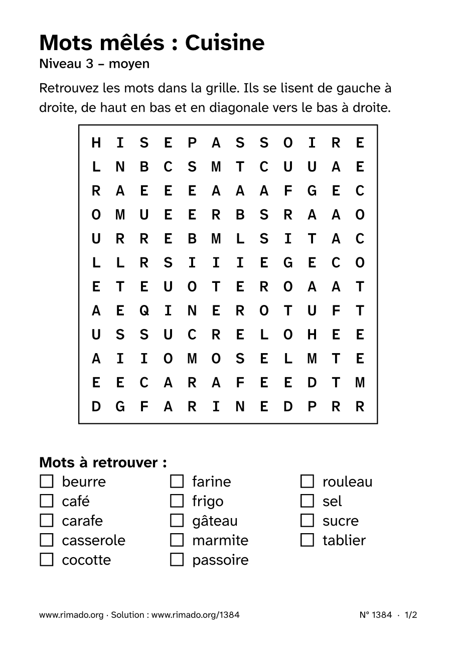 Aperçu de la feuille imprimée : Mots mêlés « Cuisine », nº 1384