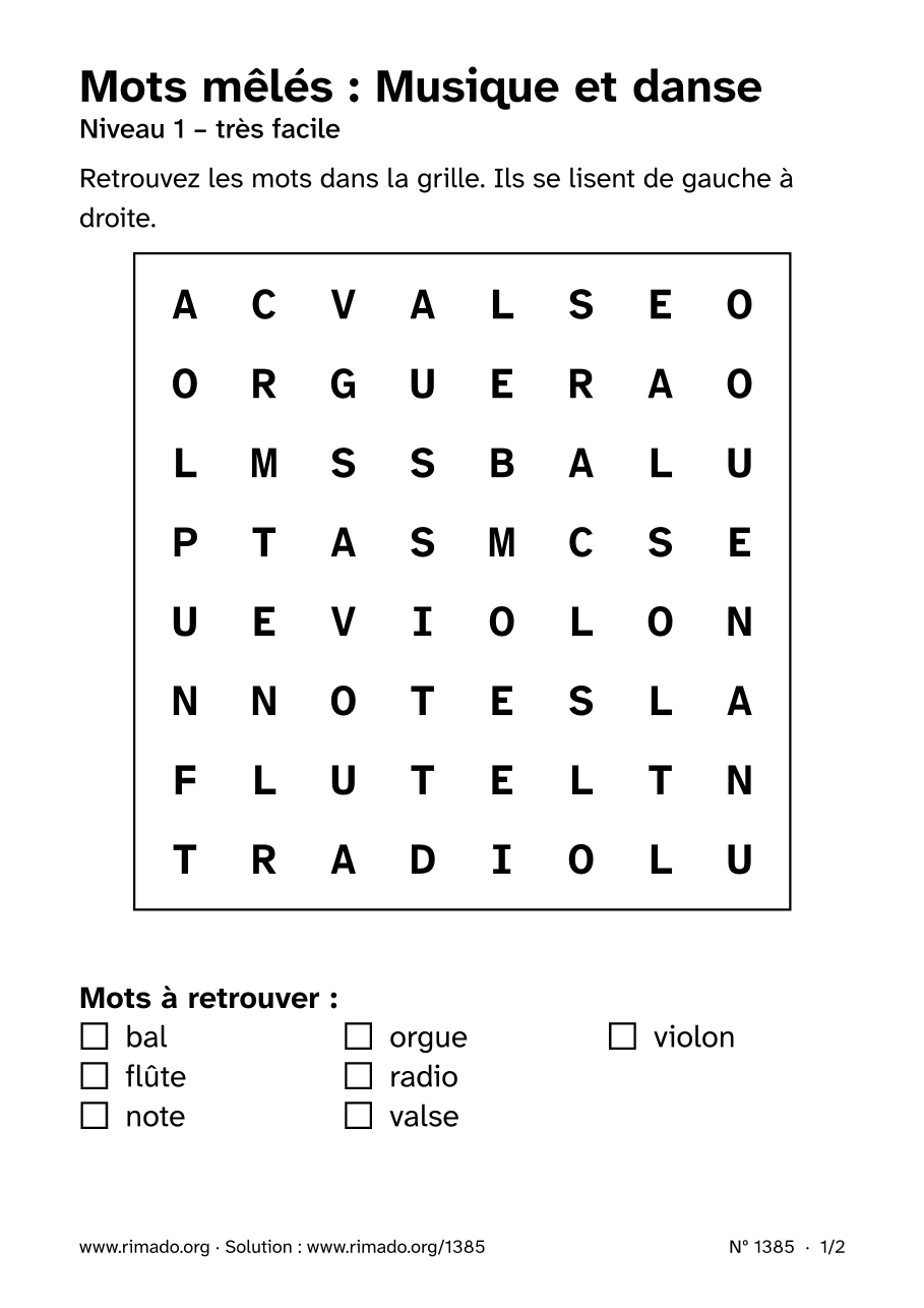 Aperçu de la feuille imprimée : Mots mêlés « Musique et danse », nº 1385