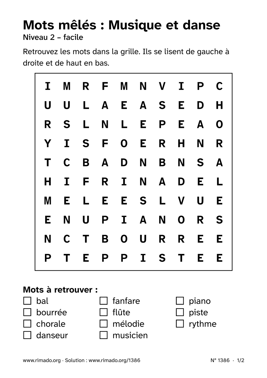 Aperçu de la feuille imprimée : Mots mêlés « Musique et danse », nº 1386