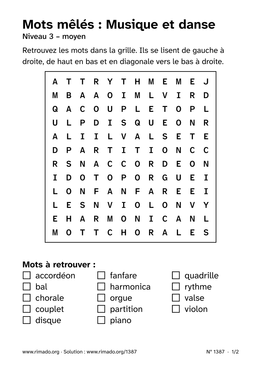 Aperçu de la feuille imprimée : Mots mêlés « Musique et danse », nº 1387