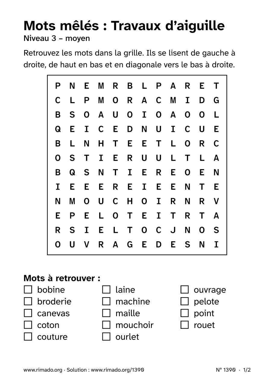 Aperçu de la feuille imprimée : Mots mêlés « Travaux d’aiguille », nº 1390