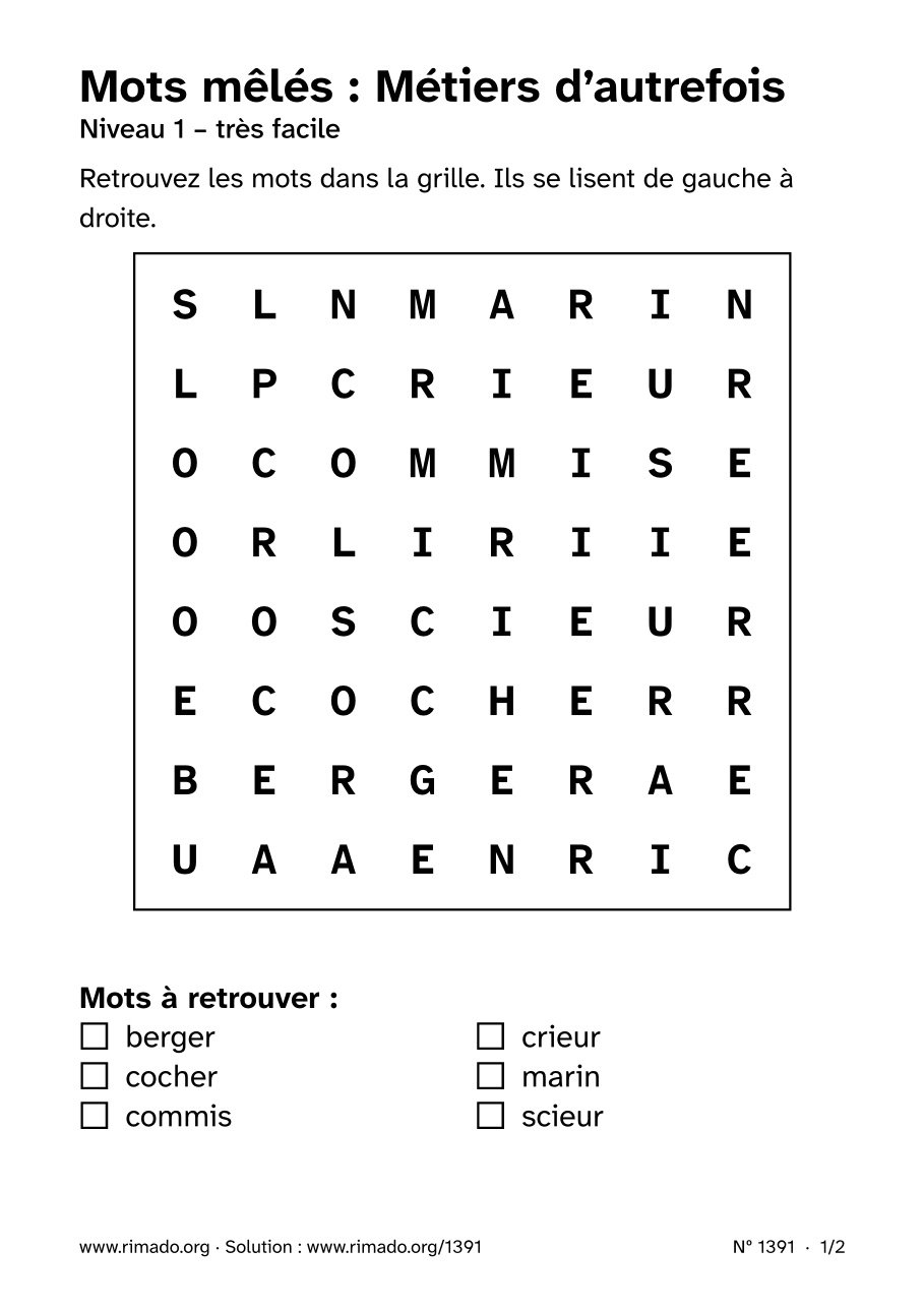 Aperçu de la feuille imprimée : Mots mêlés « Métiers d’autrefois », nº 1391