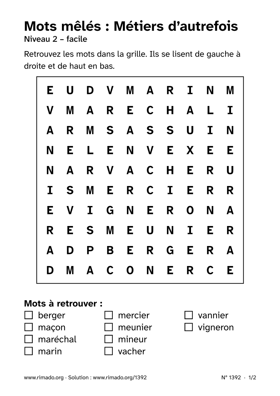 Aperçu de la feuille imprimée : Mots mêlés « Métiers d’autrefois », nº 1392