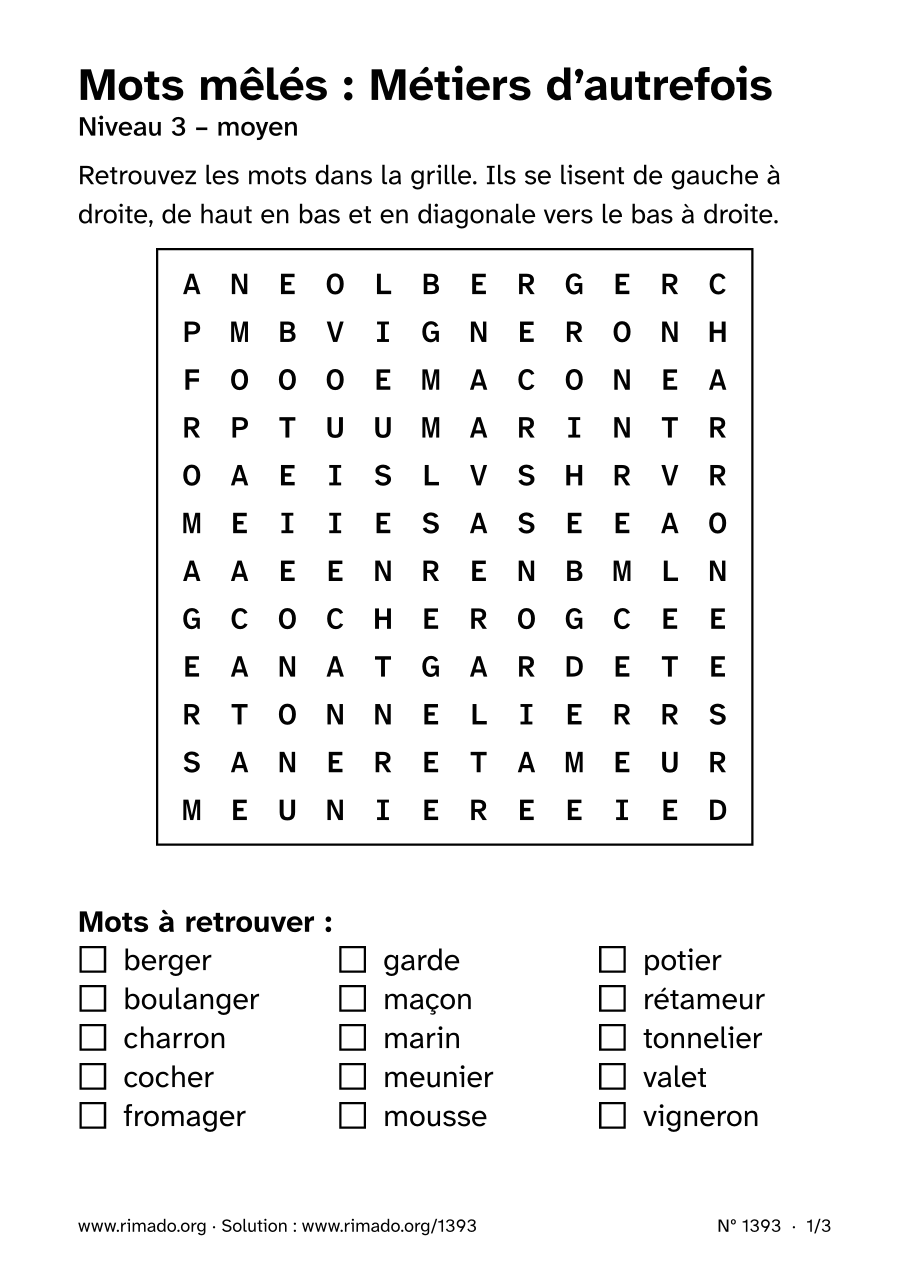 Aperçu de la feuille imprimée : Mots mêlés « Métiers d’autrefois », nº 1393