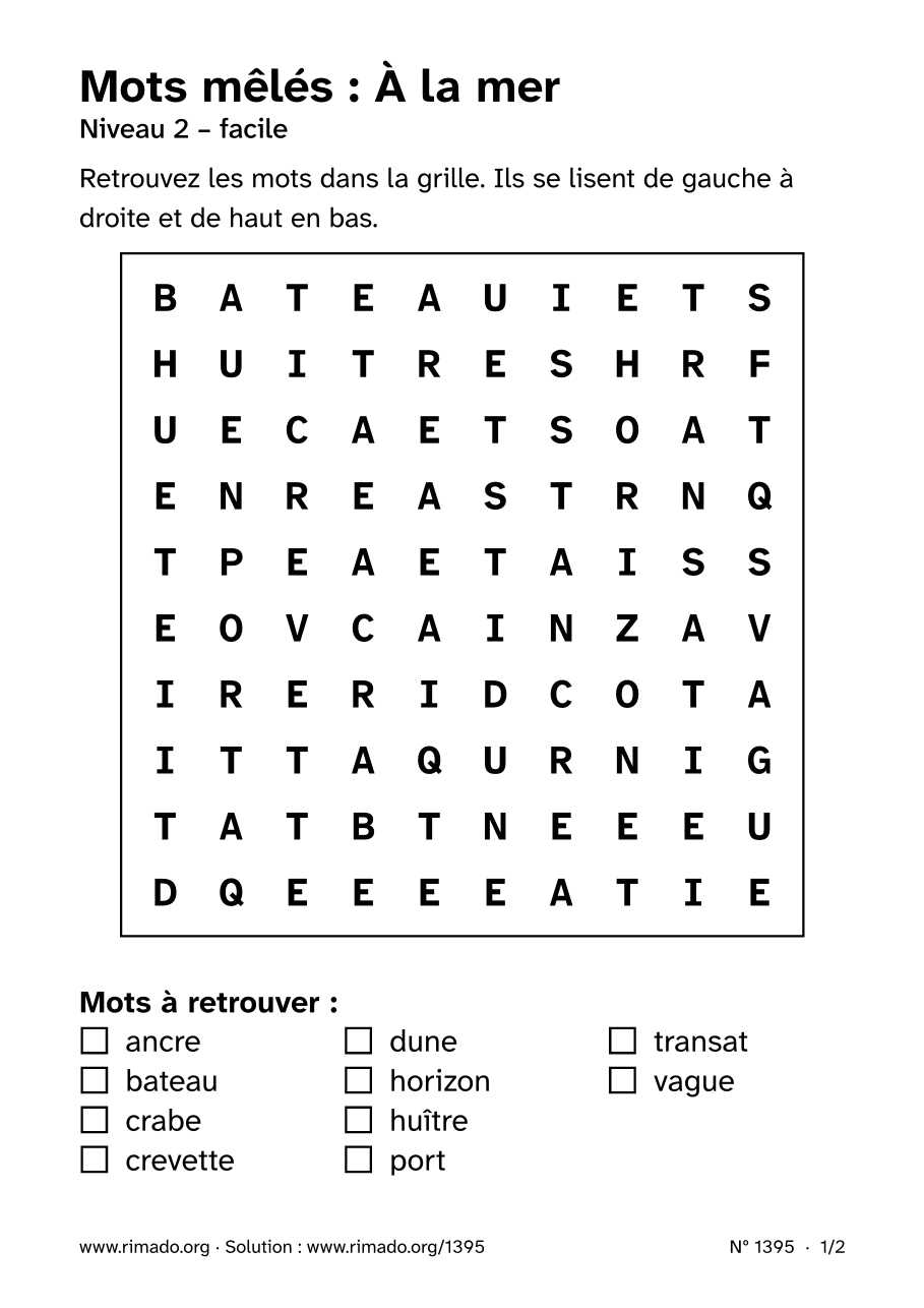 Aperçu de la feuille imprimée : Mots mêlés « À la mer », nº 1395
