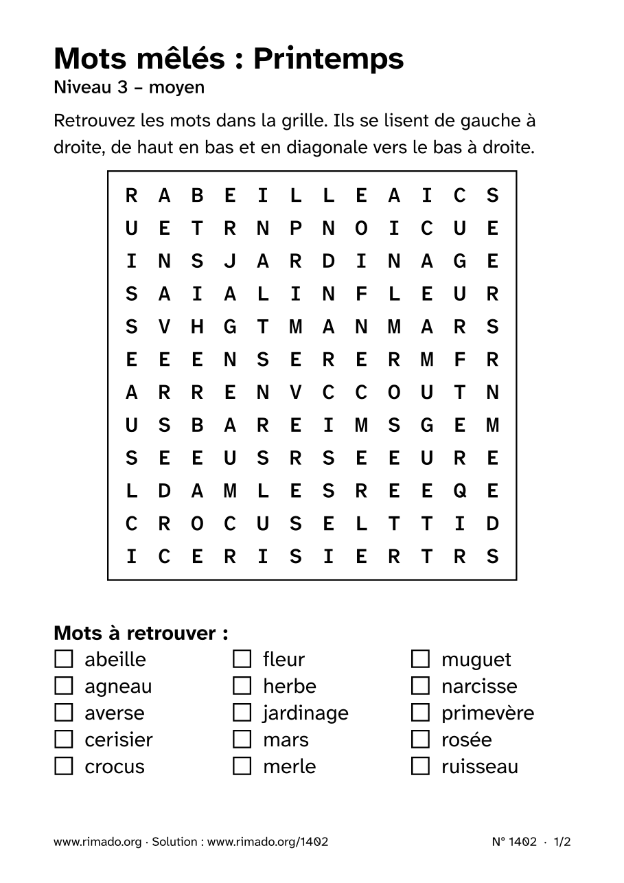 Aperçu de la feuille imprimée : Mots mêlés « Printemps », nº 1402