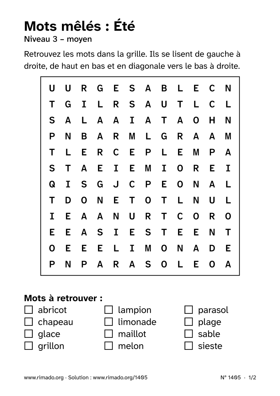 Aperçu de la feuille imprimée : Mots mêlés « Été », nº 1405