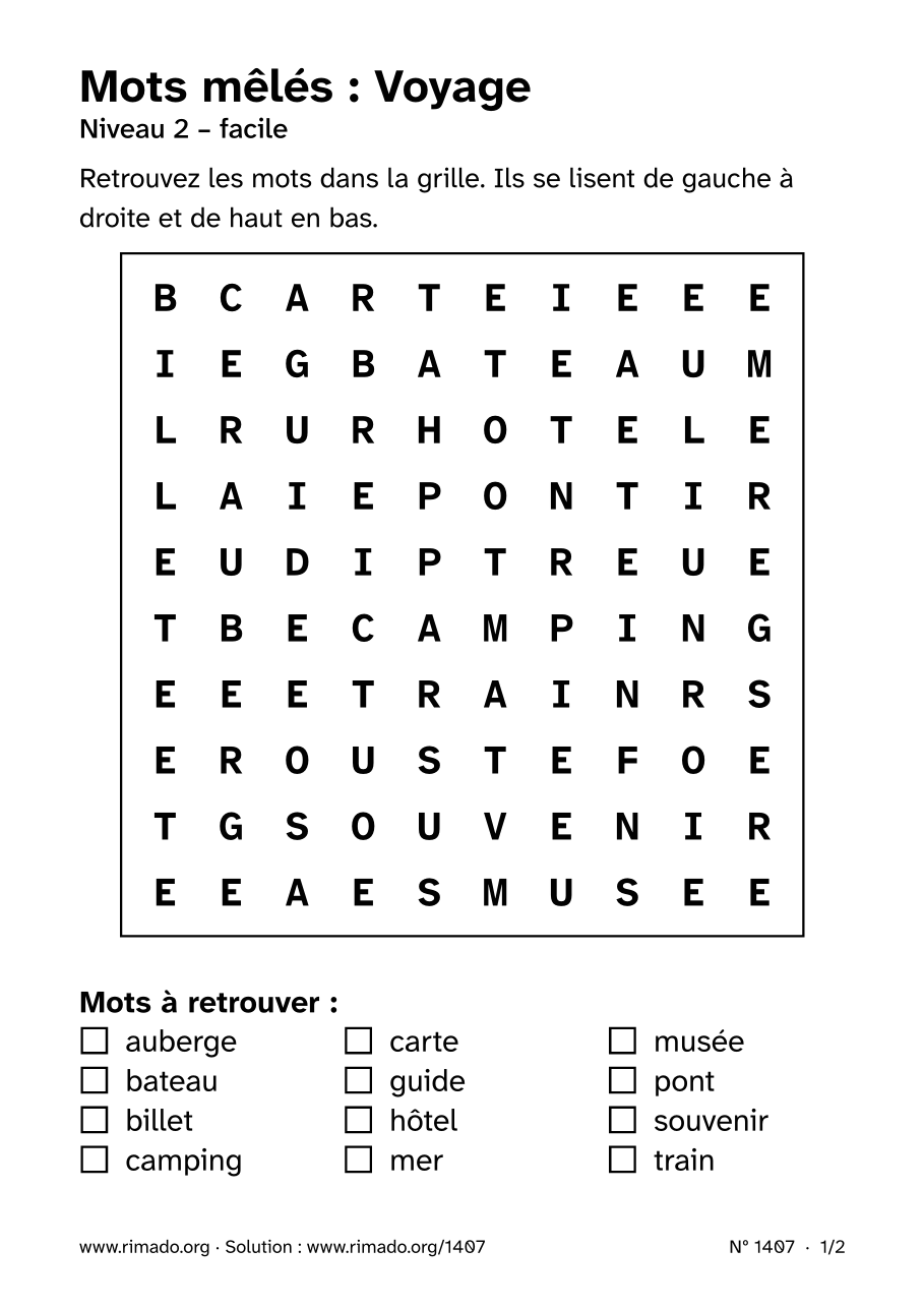 Aperçu de la feuille imprimée : Mots mêlés « Voyage », nº 1407