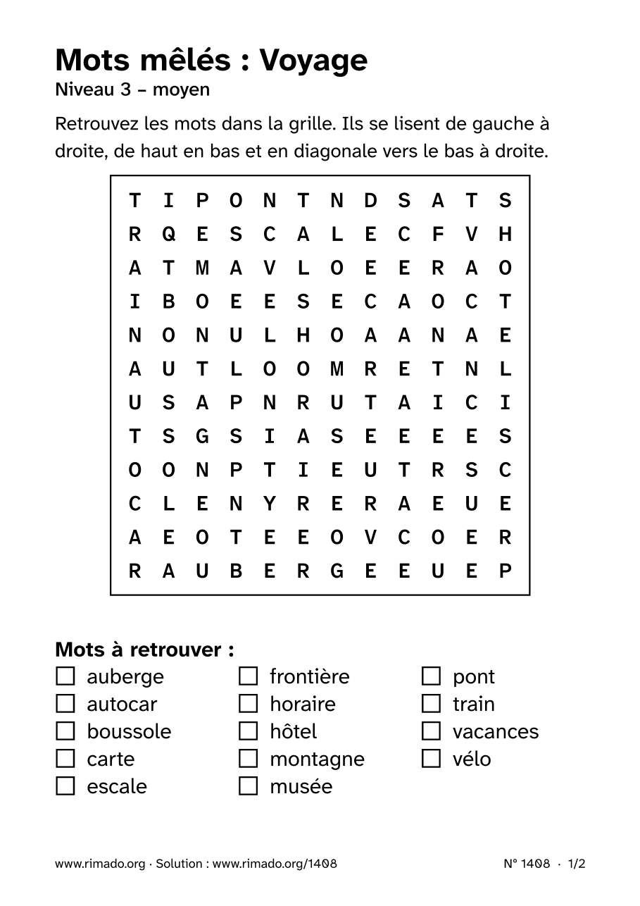 Aperçu de la feuille imprimée : Mots mêlés « Voyage », nº 1408