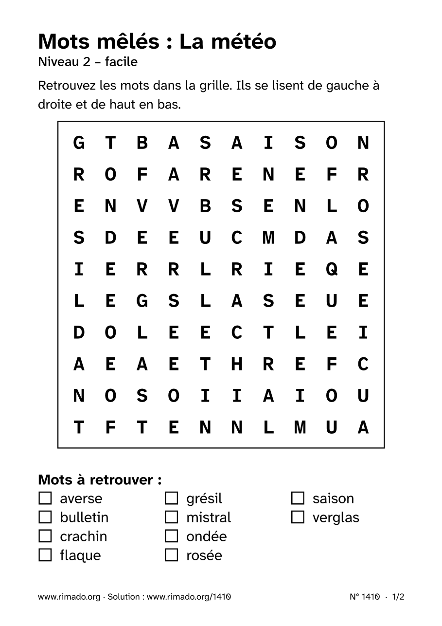 Aperçu de la feuille imprimée : Mots mêlés « La météo », nº 1410