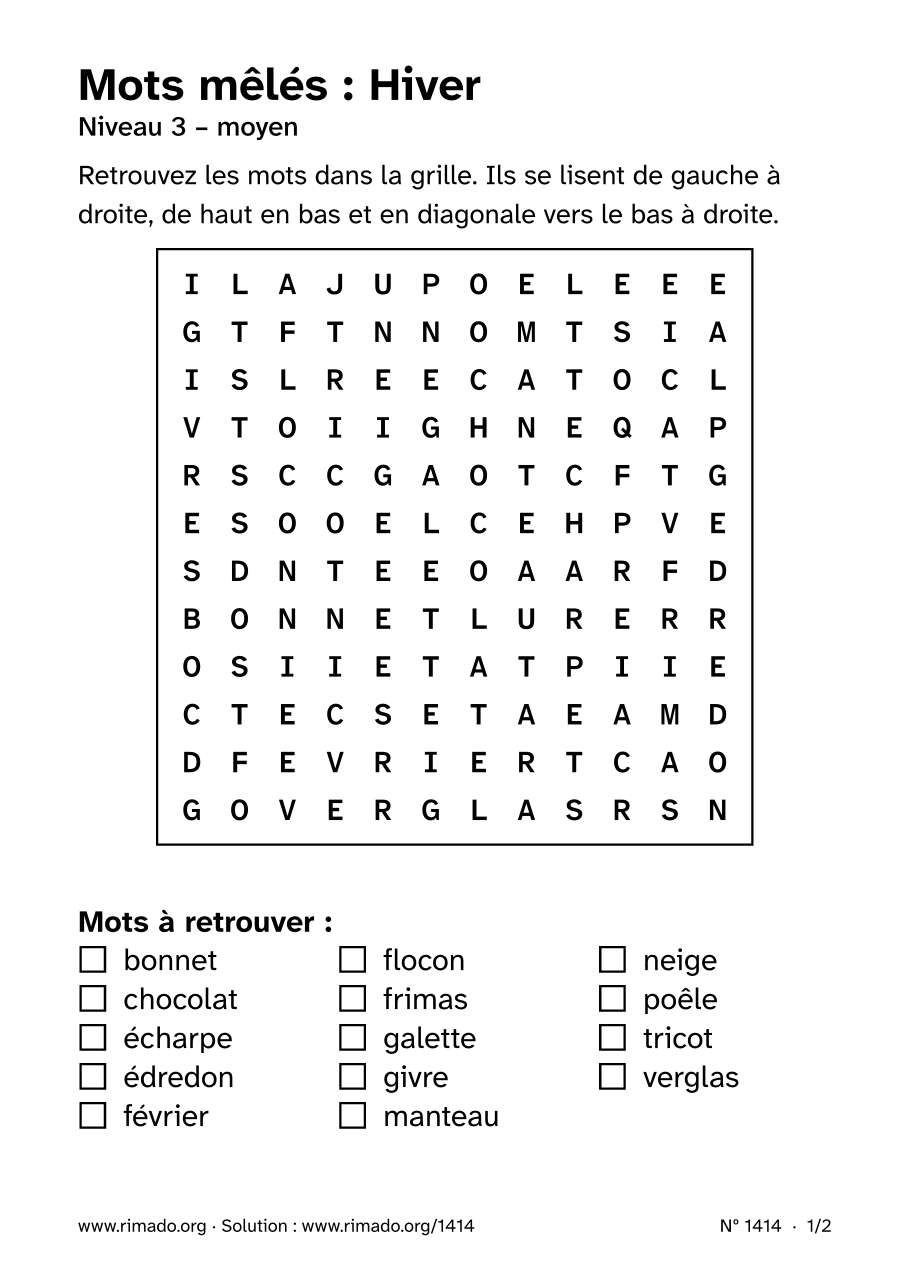 Aperçu de la feuille imprimée : Mots mêlés « Hiver », nº 1414