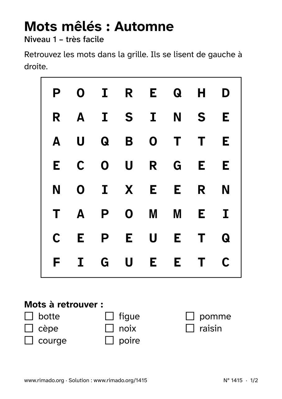 Aperçu de la feuille imprimée : Mots mêlés « Automne », nº 1415