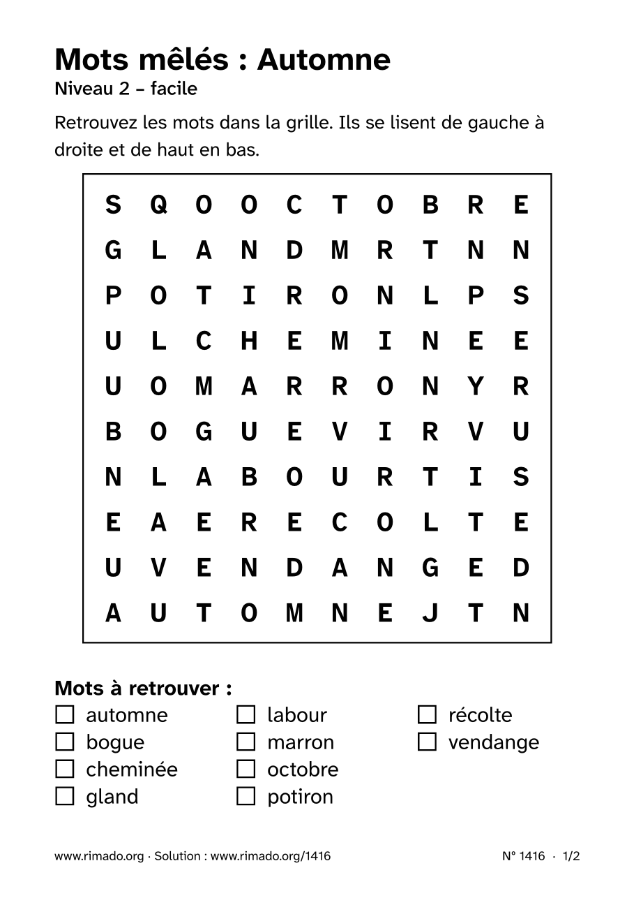 Aperçu de la feuille imprimée : Mots mêlés « Automne », nº 1416