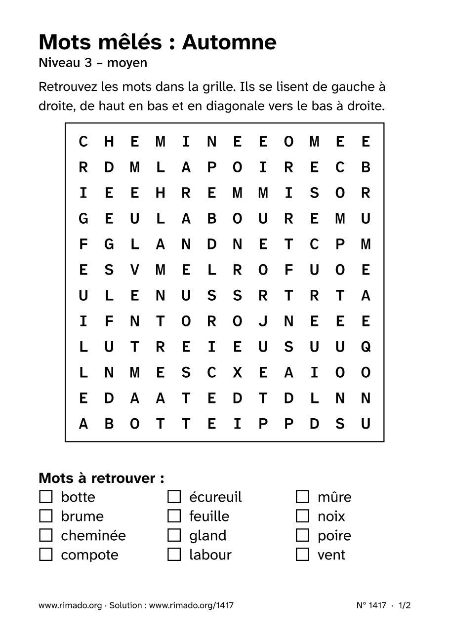 Aperçu de la feuille imprimée : Mots mêlés « Automne », nº 1417