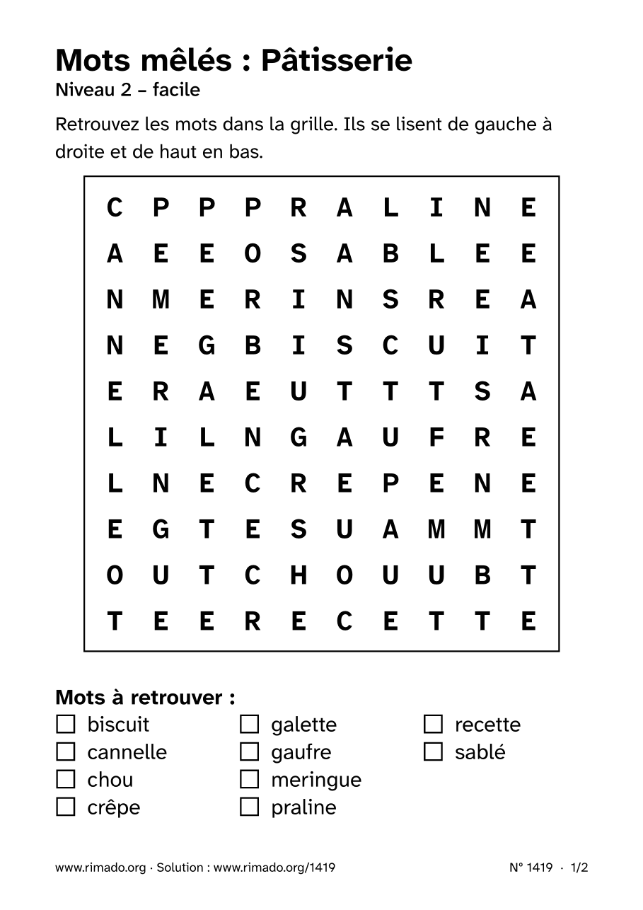 Aperçu de la feuille imprimée : Mots mêlés « Pâtisserie », nº 1419