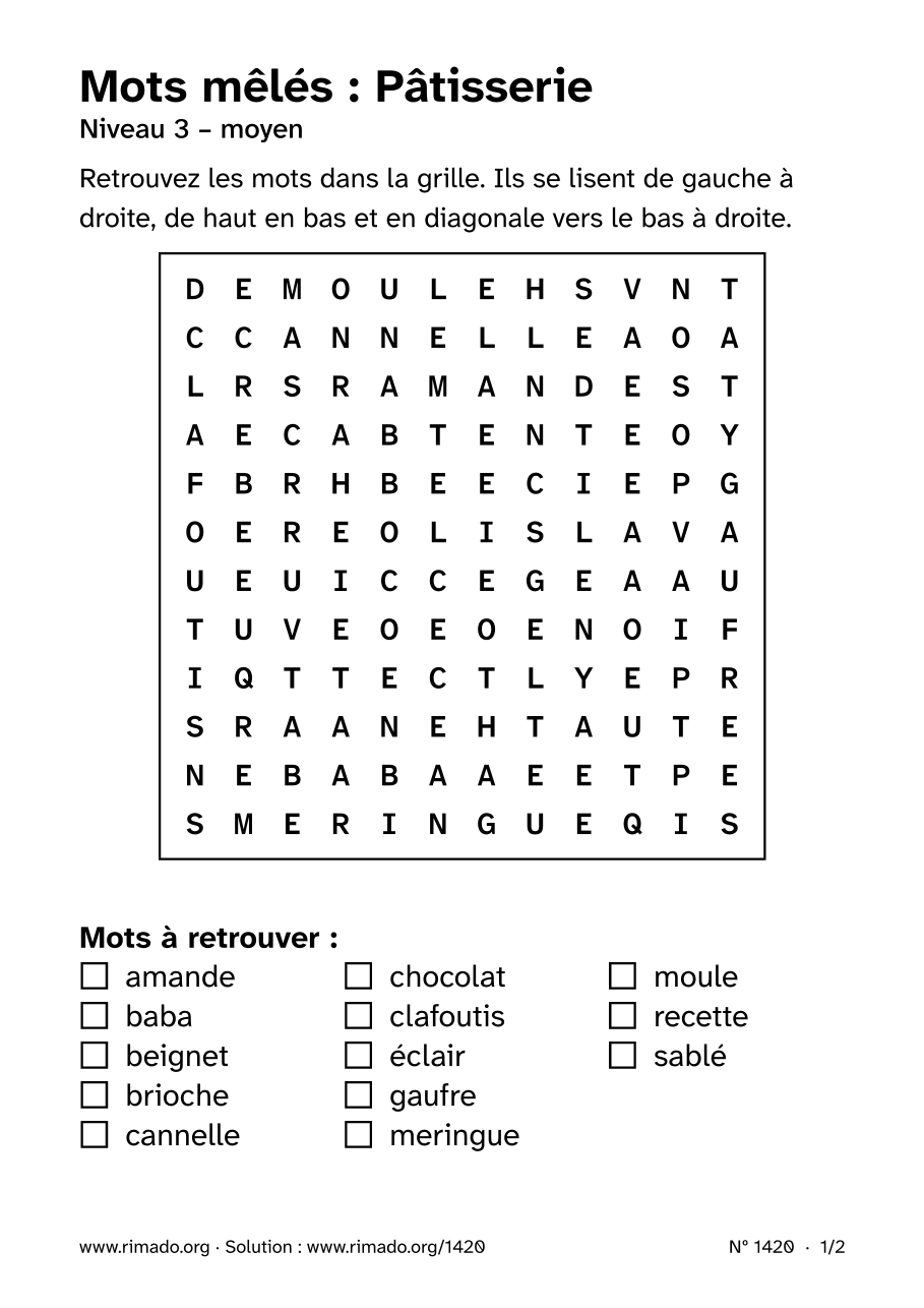 Aperçu de la feuille imprimée : Mots mêlés « Pâtisserie », nº 1420