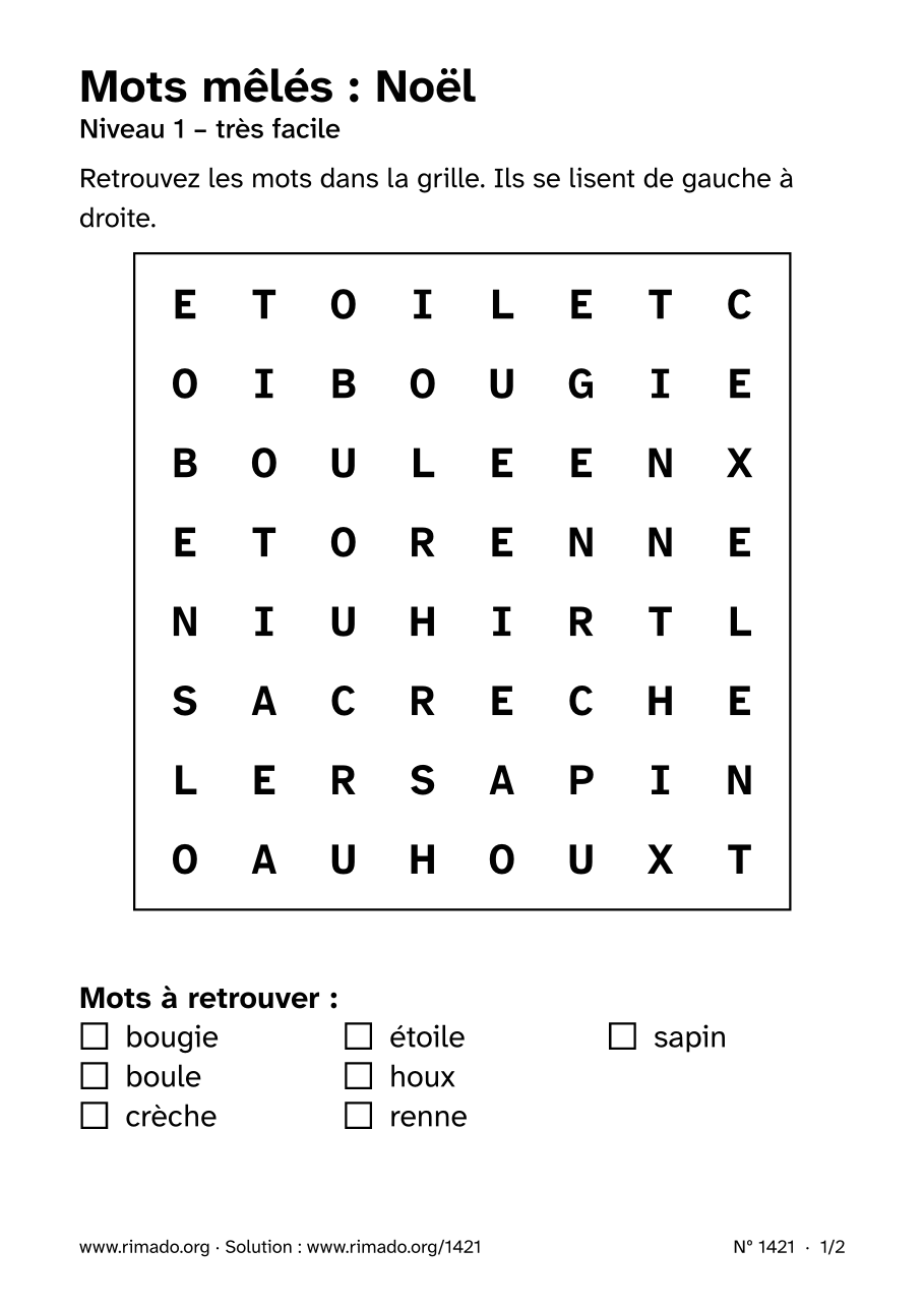 Aperçu de la feuille imprimée : Mots mêlés « Noël », nº 1421