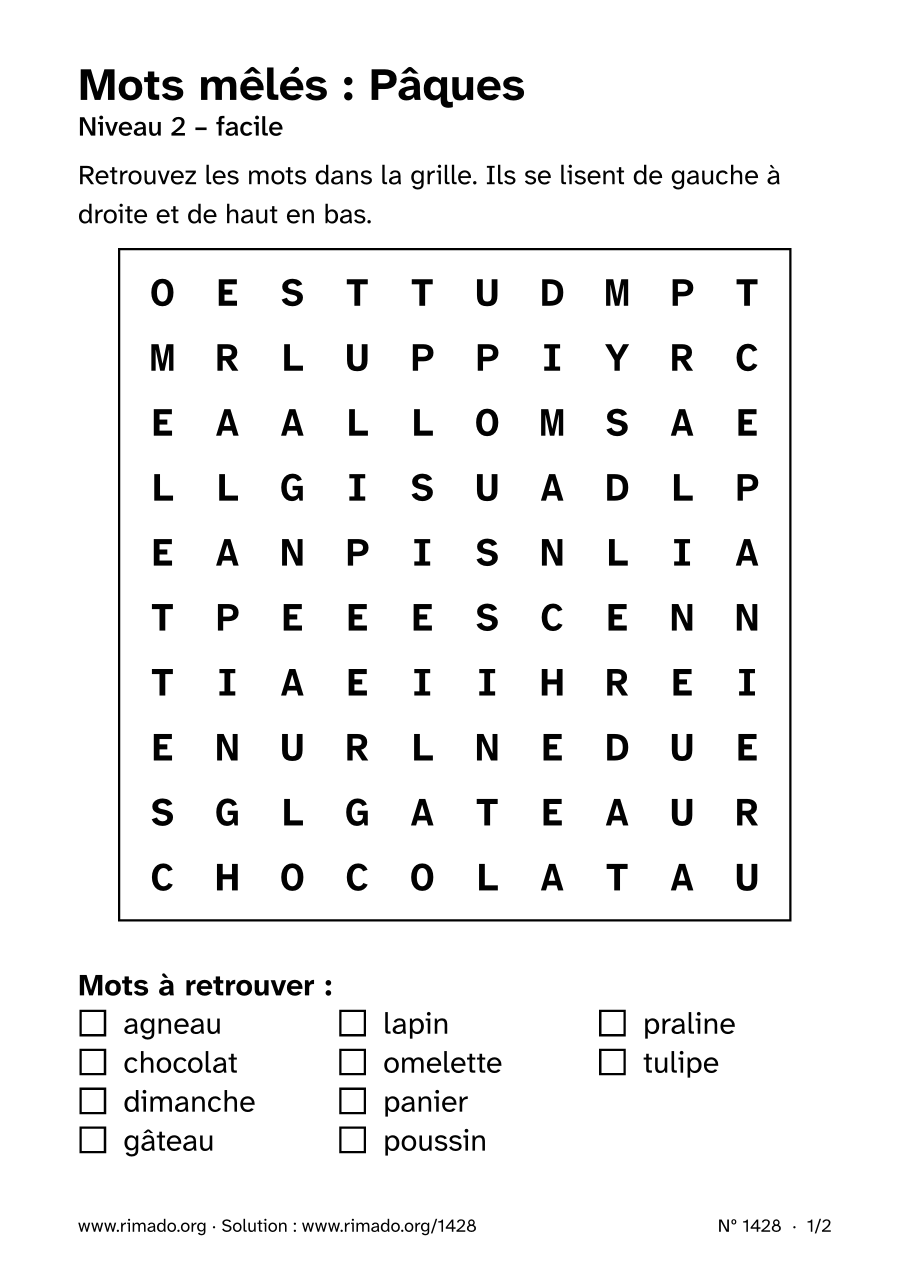 Aperçu de la feuille imprimée : Mots mêlés « Pâques », nº 1428