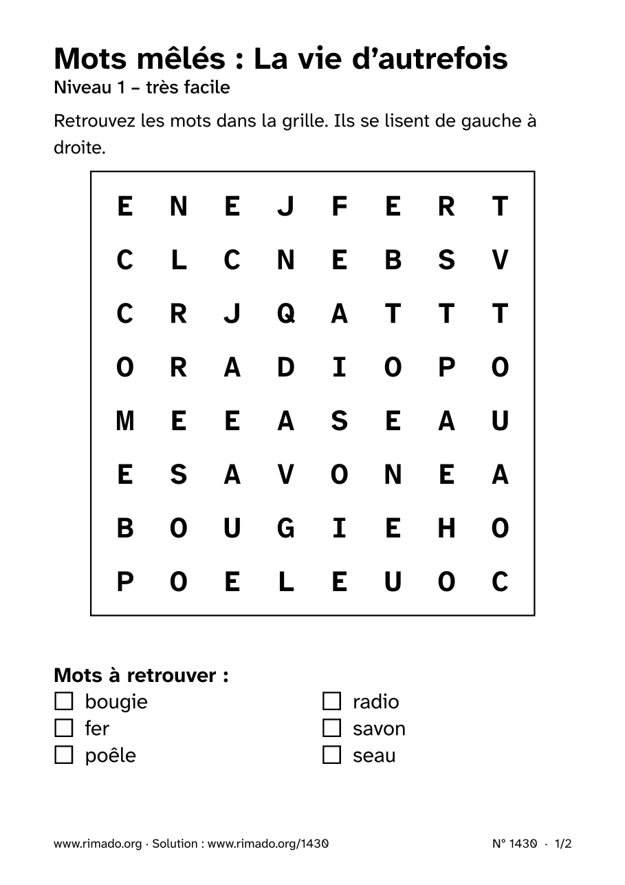 Aperçu de la feuille imprimée : Mots mêlés « La vie d’autrefois », nº 1430
