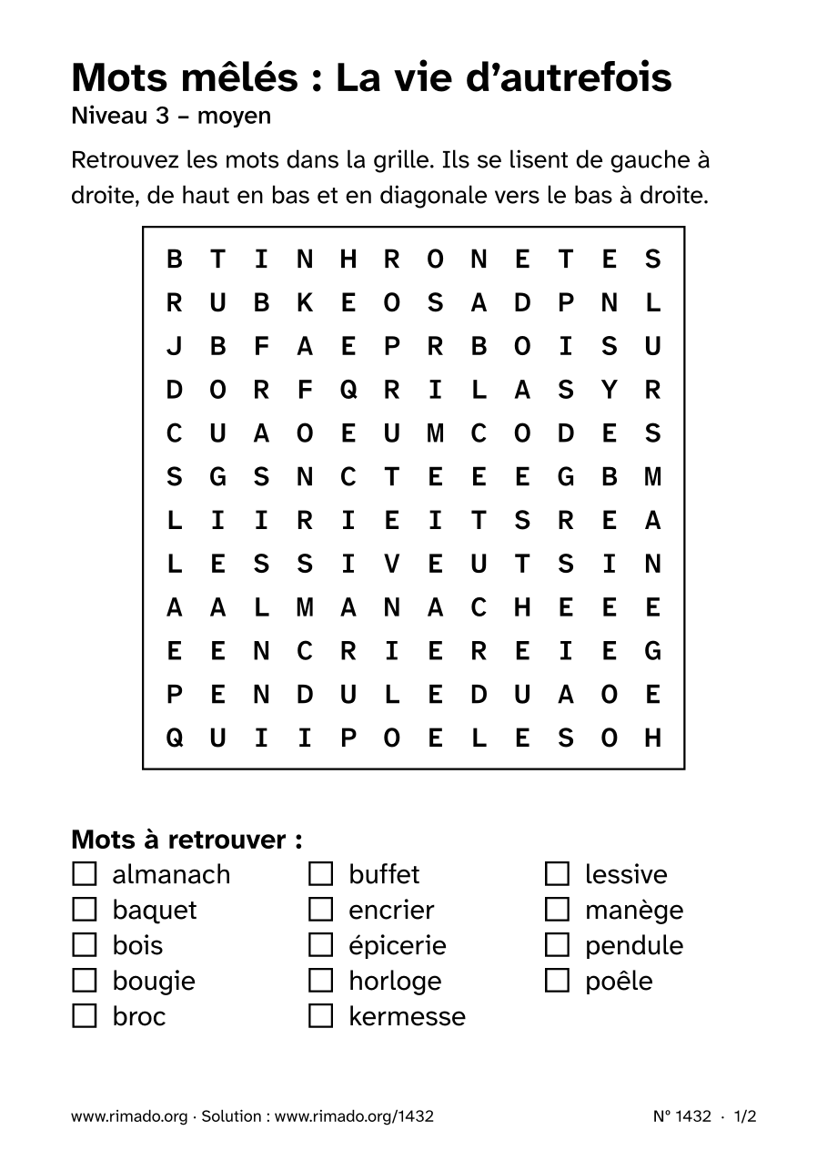 Aperçu de la feuille imprimée : Mots mêlés « La vie d’autrefois », nº 1432